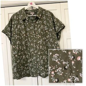 Como Vintage Olive Floral Button Down Short Sleeve Blouse Cottagecore Country 3X